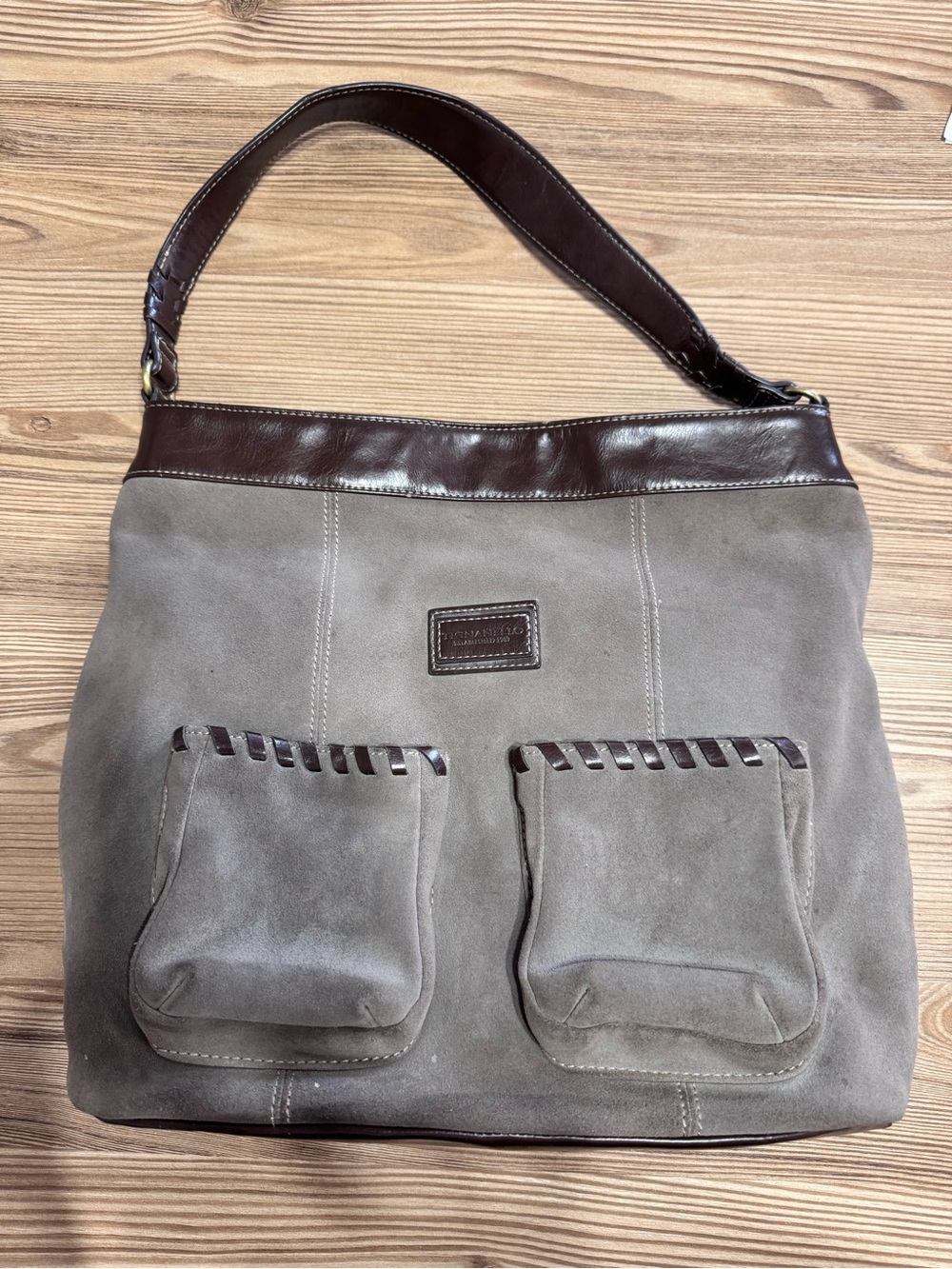 Tignanello Taupe Suede Shoulder Bag with Dark Brown Trim